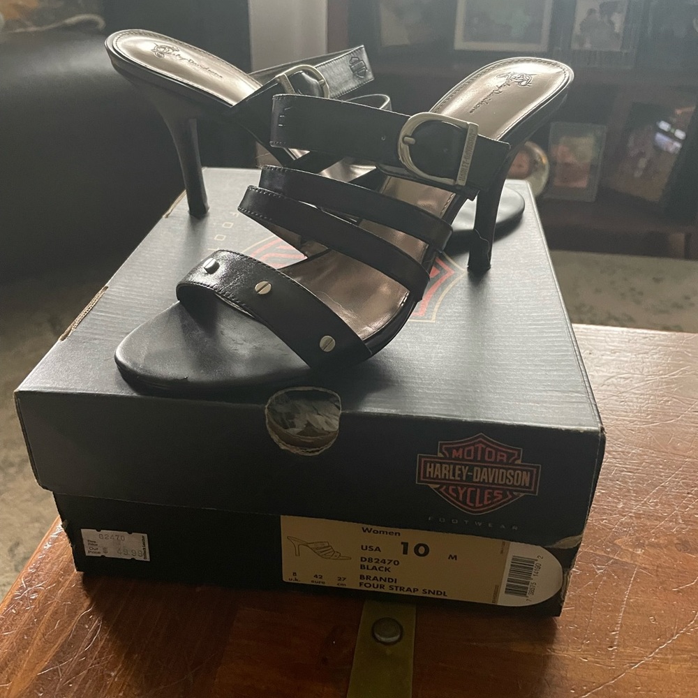 Black spike-heeled Harley Davidson sandals
